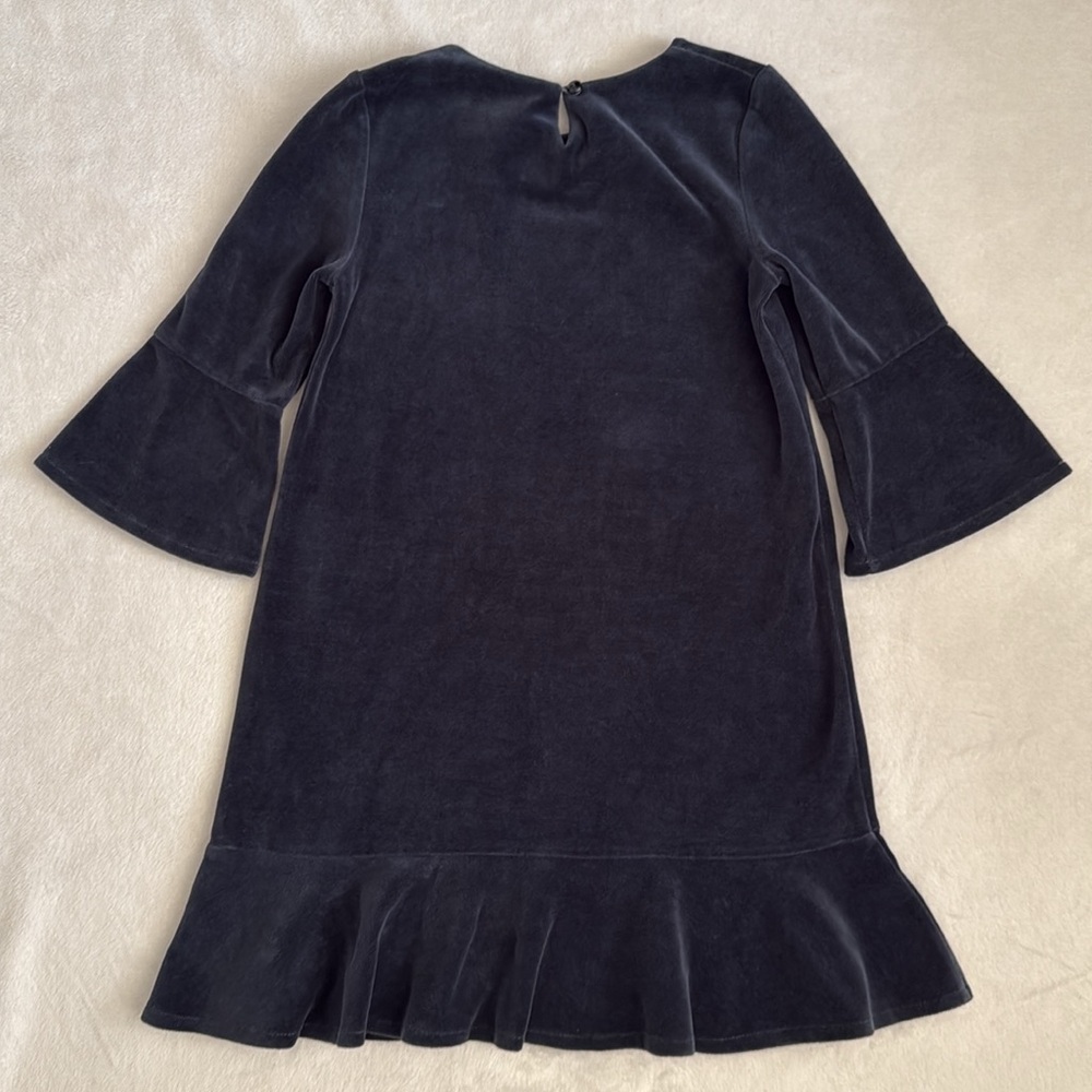 Garnet Hill Kids | Madeline Velour 3/4 Bell Sleeve Flounce Dress Blue (8) - Picture 7 of 12